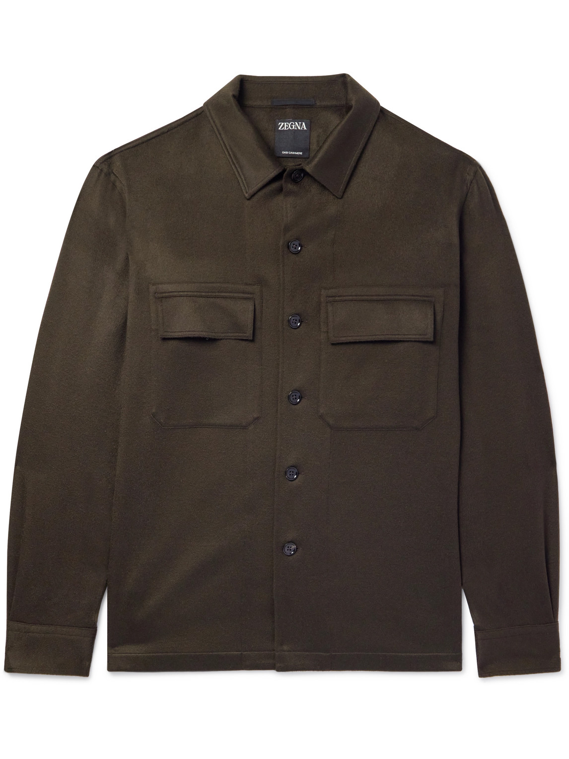 Camp-Collar Logo-Appliquéd Leather-Trimmed Oasi Cashmere Overshirt