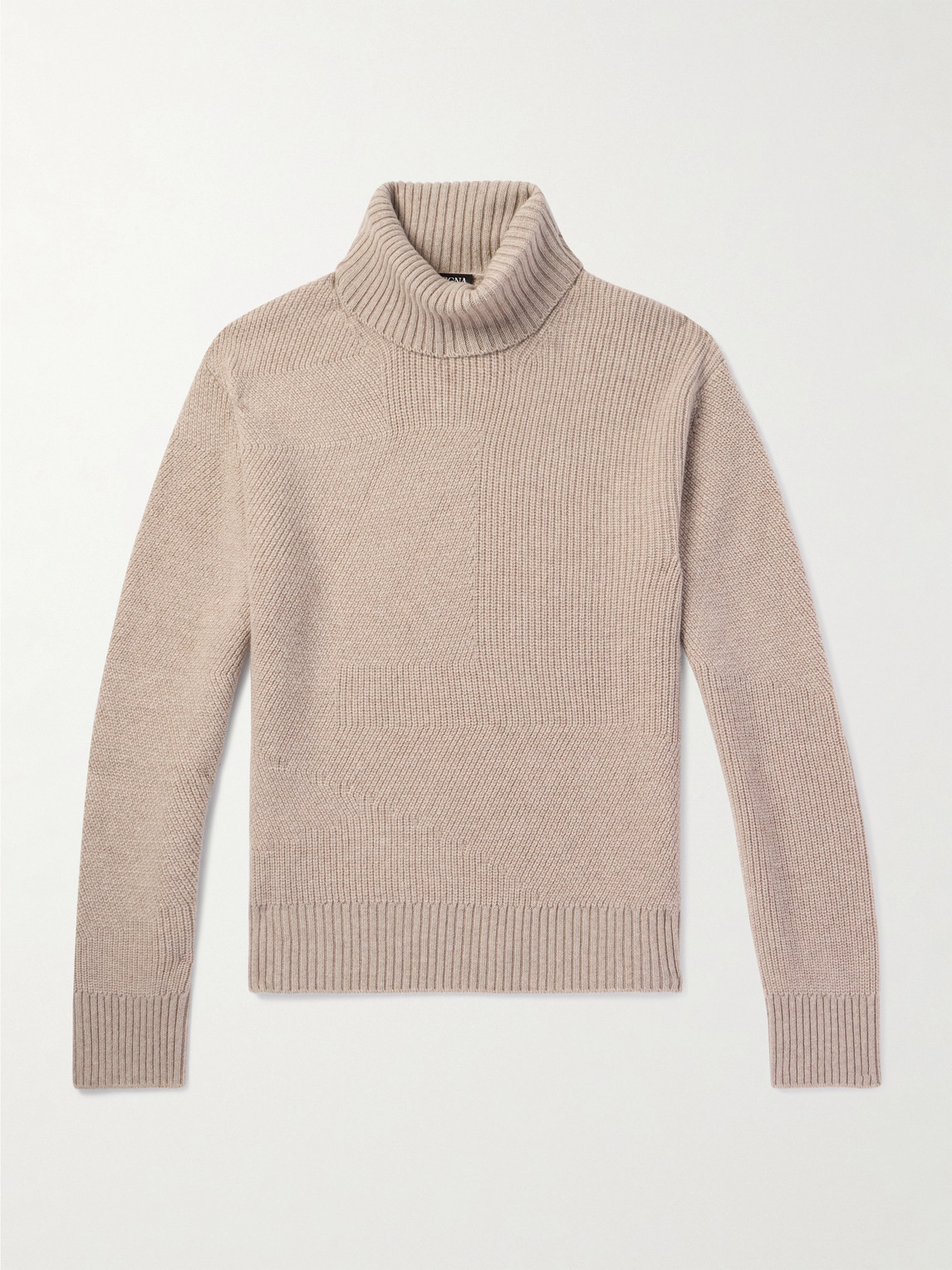 Zegna Logo-Appliquéd Leather-Trimmed Ribbed Cashmere Rollneck Sweater - Men