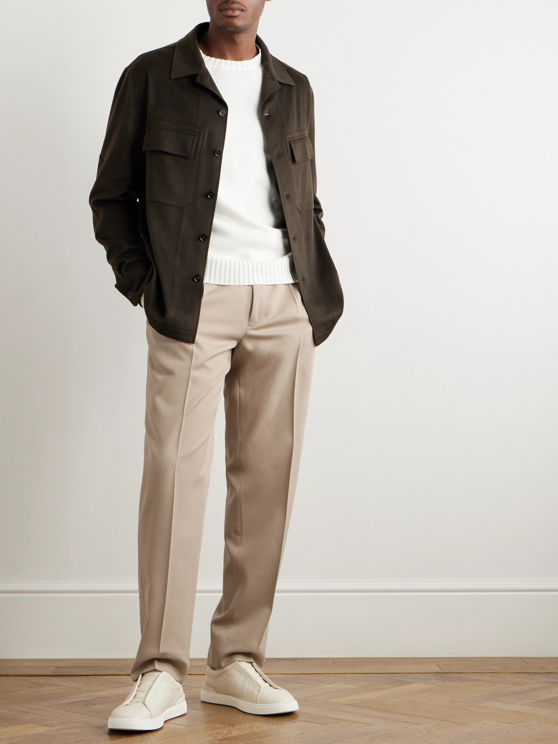 Shop Zegna Straight-leg Pleated Cotton And Wool-blend Twill Trousers In Neutrals