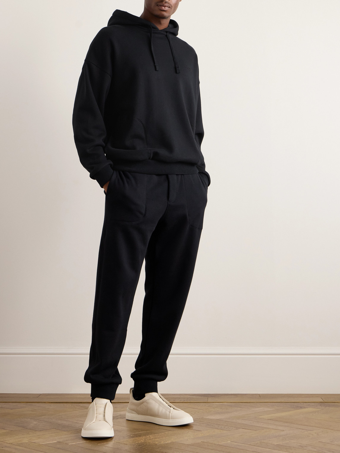 Shop Zegna Logo-embroidered Cotton-blend Jersey Hoodie In Black