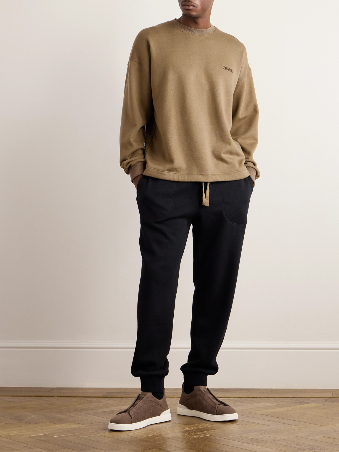 Shop Zegna Logo-embroidered Cotton-blend Jersey Sweatshirt In Neutrals