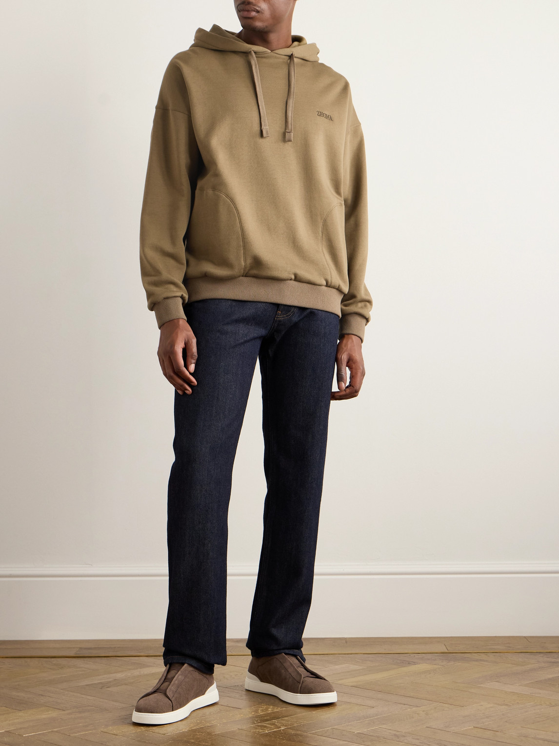 Shop Zegna Logo-embroidered Cotton-blend Jersey Hoodie In Neutrals