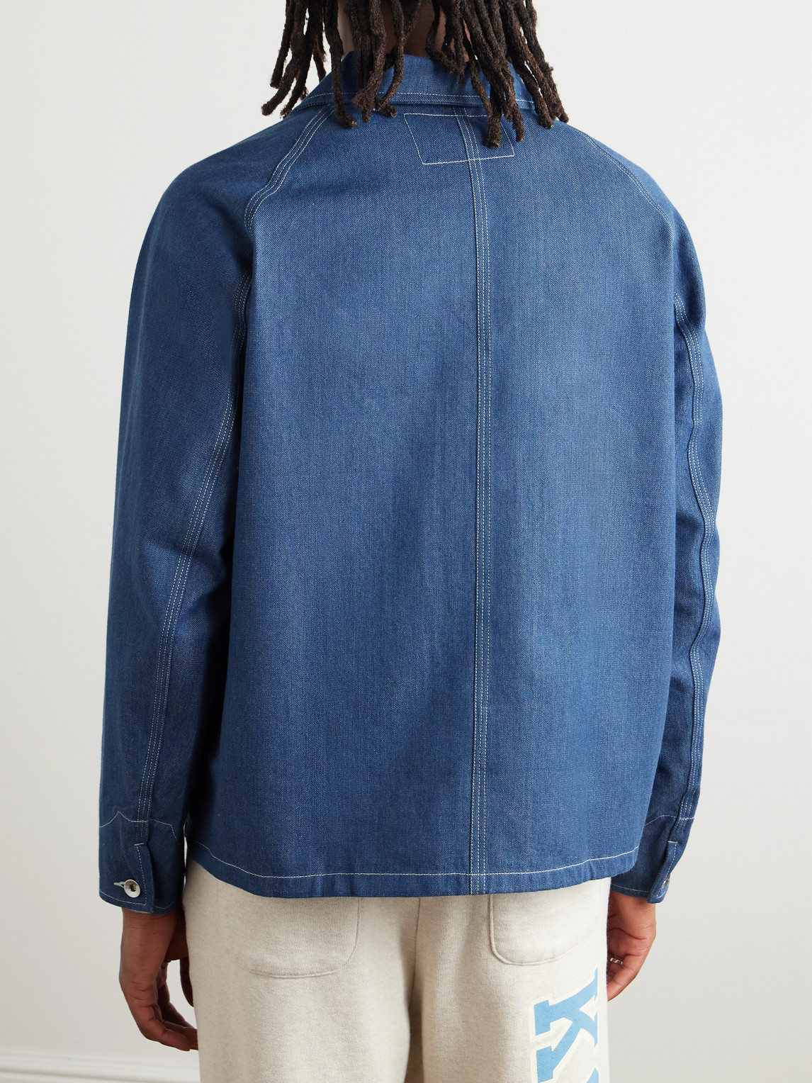 STORY MFG. RAILROAD LOGO-APPLIQUÉD ORGANIC DENIM JACKET