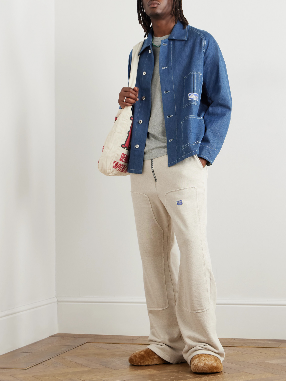 STORY MFG. RAILROAD LOGO-APPLIQUÉD ORGANIC DENIM JACKET