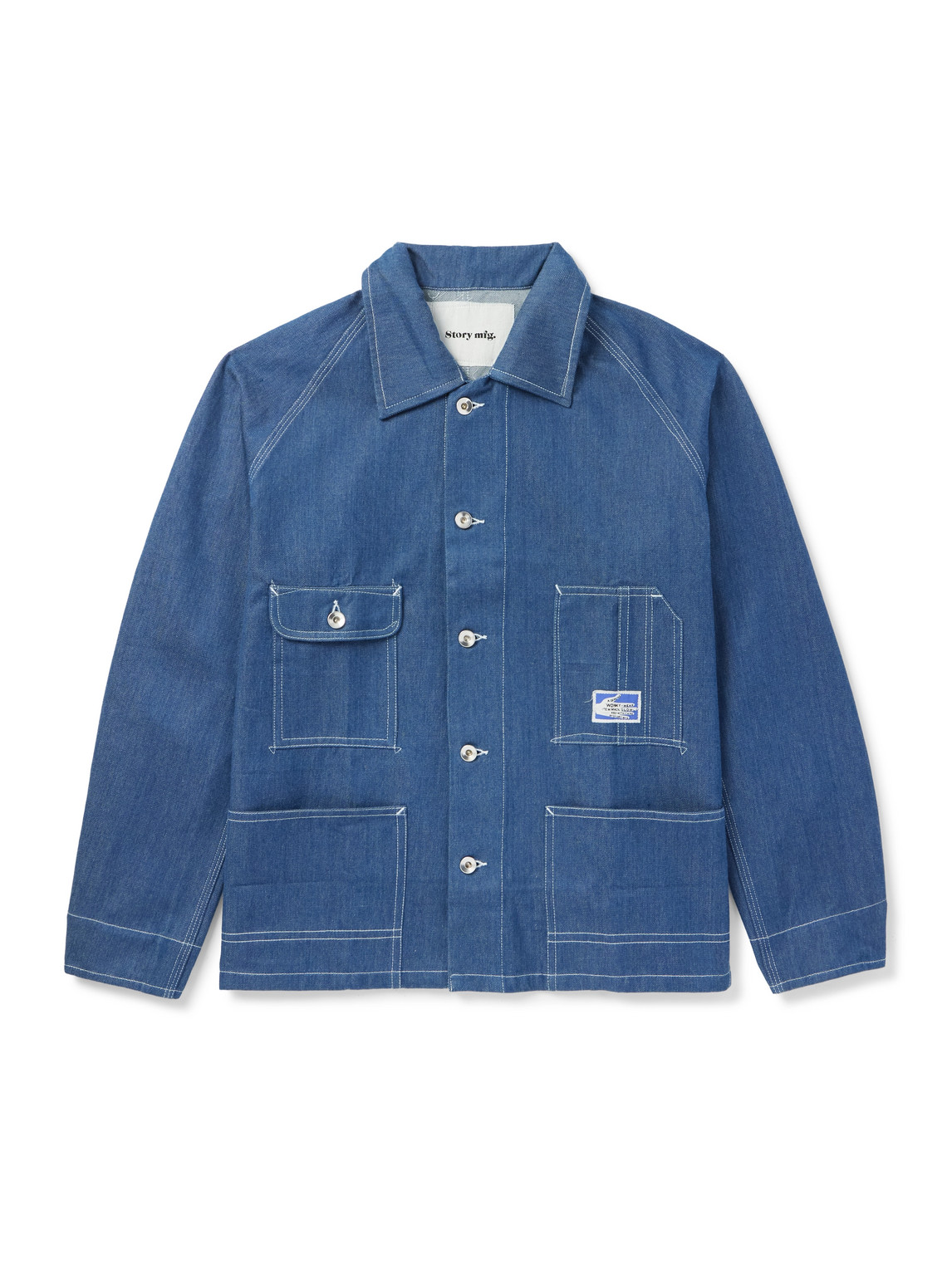 STORY MFG. RAILROAD LOGO-APPLIQUÉD ORGANIC DENIM JACKET