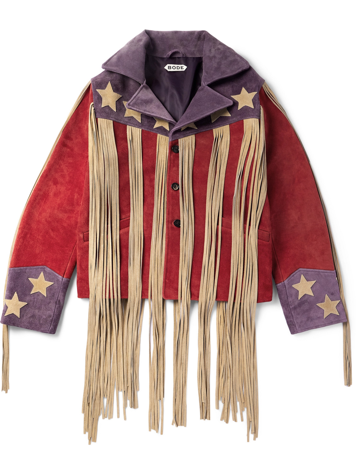Bode Appliquéd Colour-block Fringed Suede Jacket In Red