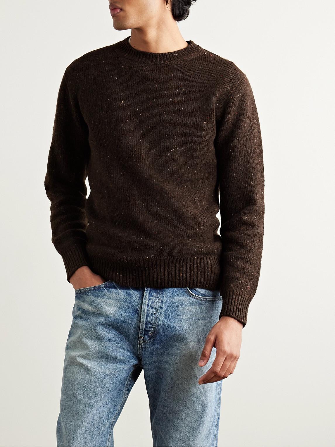 Shop Inis Meain Donegal Merino Wool And Cashmere-blend Sweater In Brown