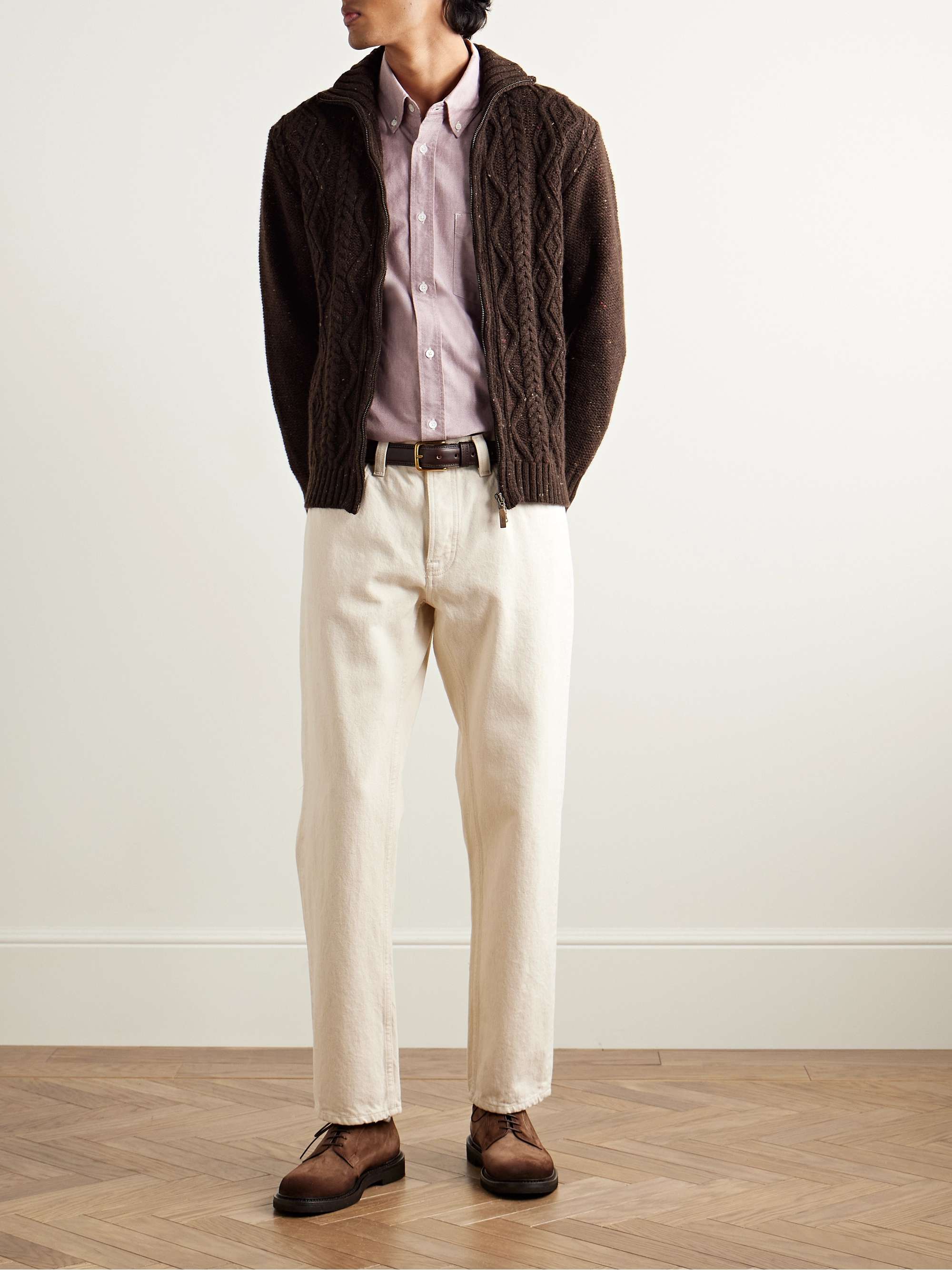 INIS MEÁIN Cable-Knit Merino Wool and Cashmere-Blend Zip-Up Cardigan