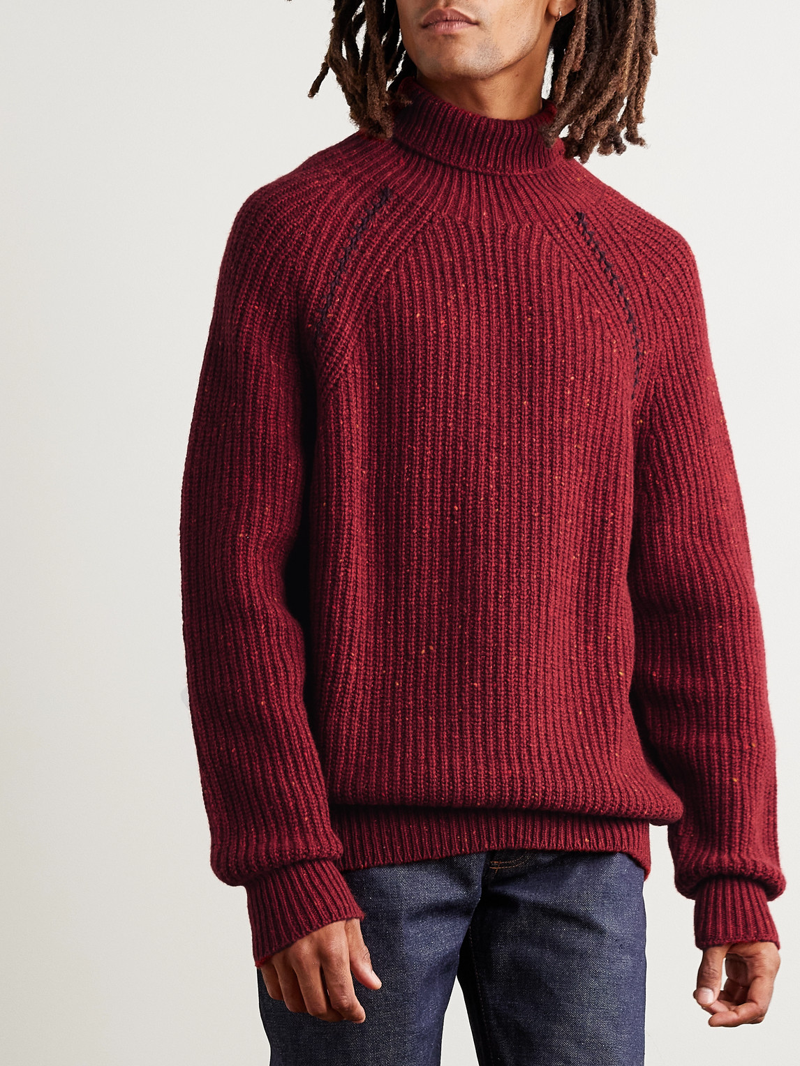 Shop Inis Meain Boatbuilder Ribbed Merino Wool And Cashmere-blend Rollneck Sweater In Red