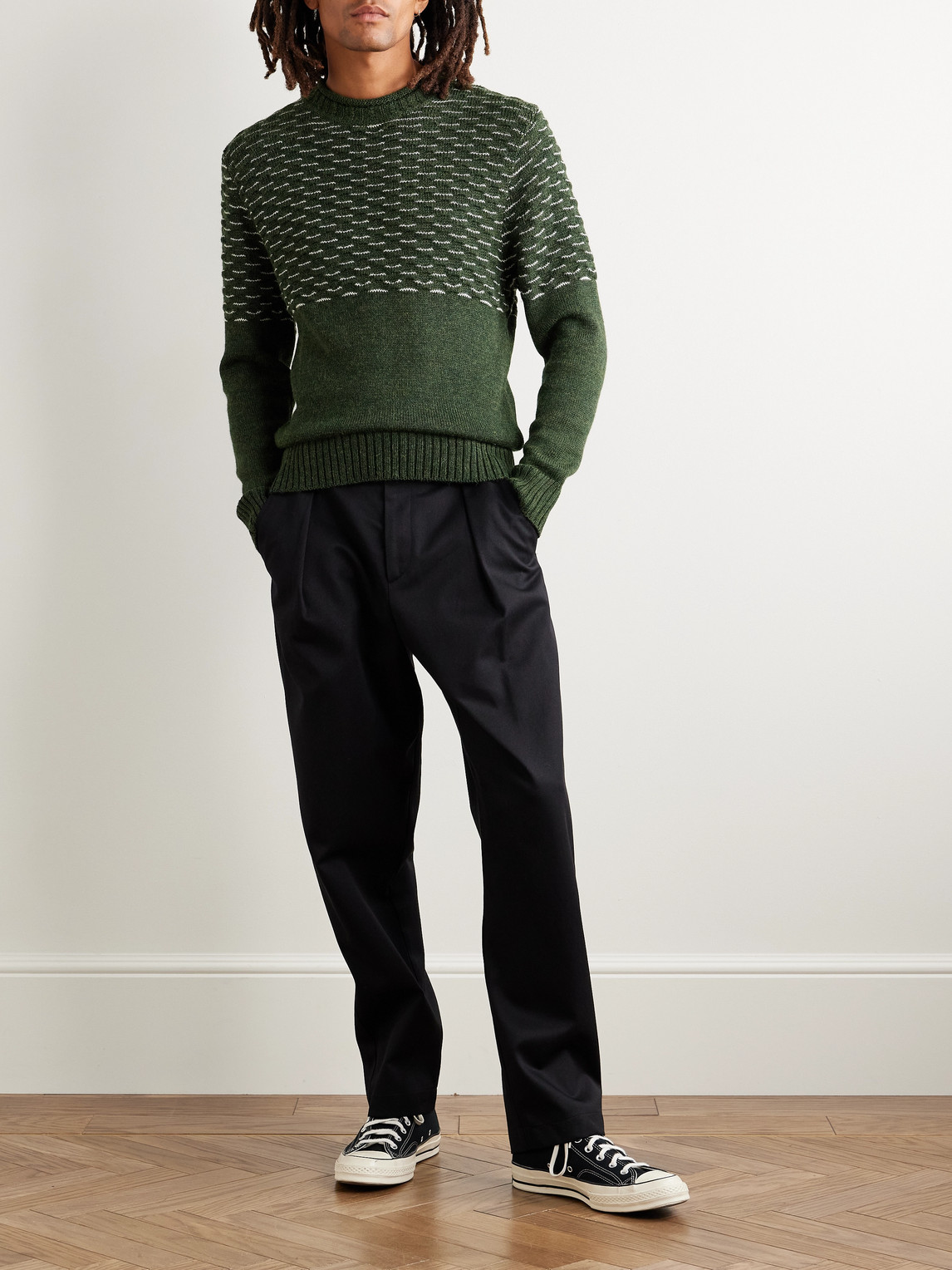 Inis Meain Seafoam Alpaca And Silk-blend Mock-neck Sweater In Green
