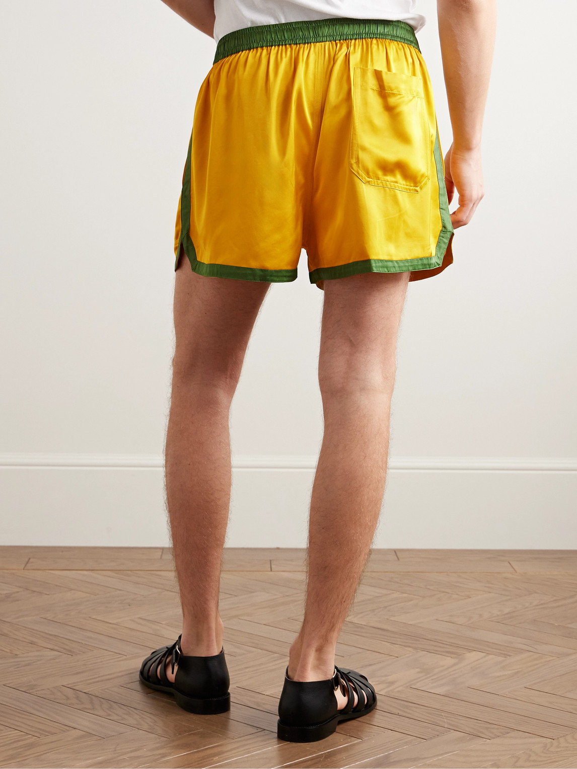 Bode Straight-leg Bead-embellished Satin Shorts In Yellow