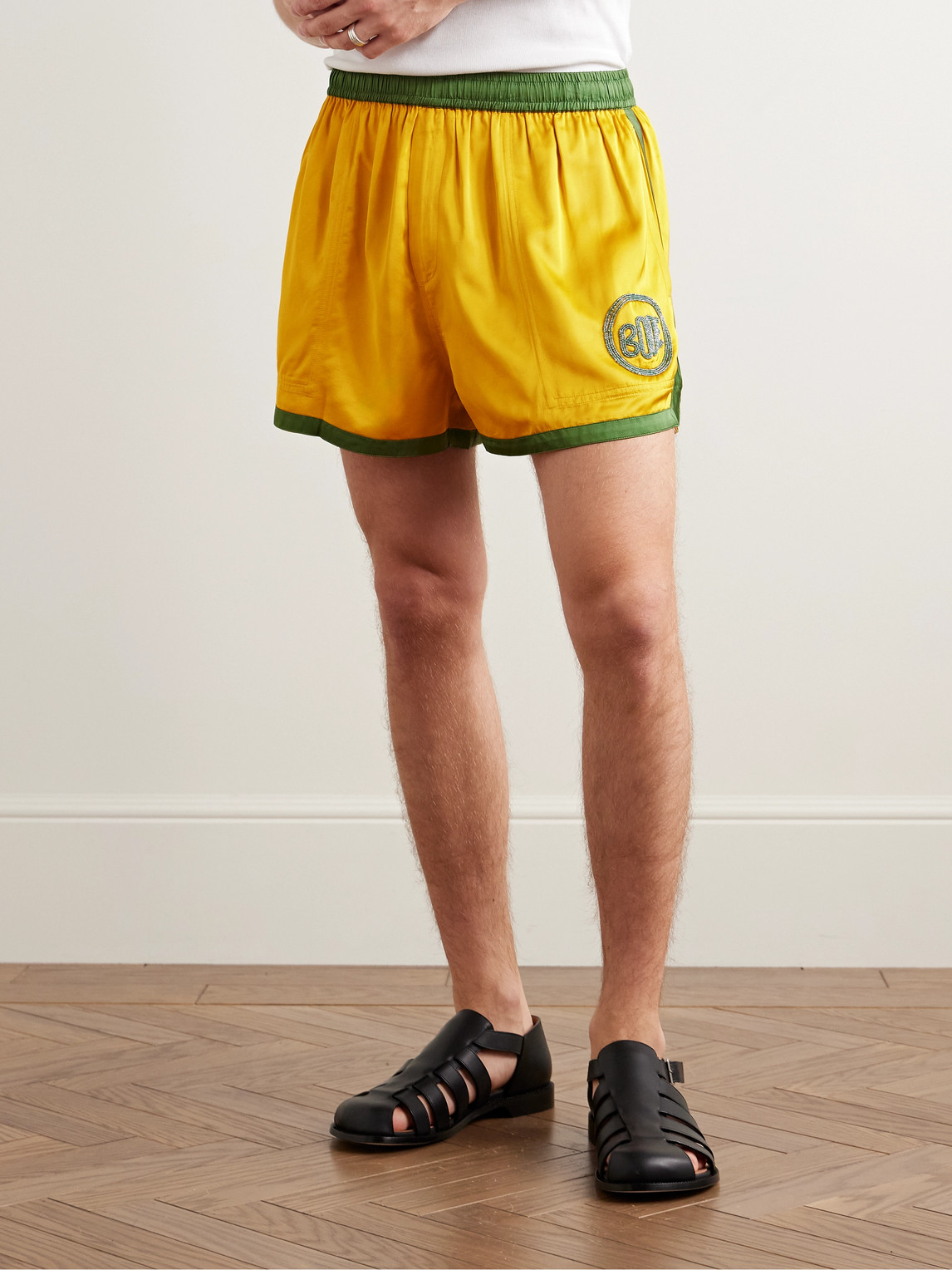 Bode Straight-leg Bead-embellished Satin Shorts In Yellow