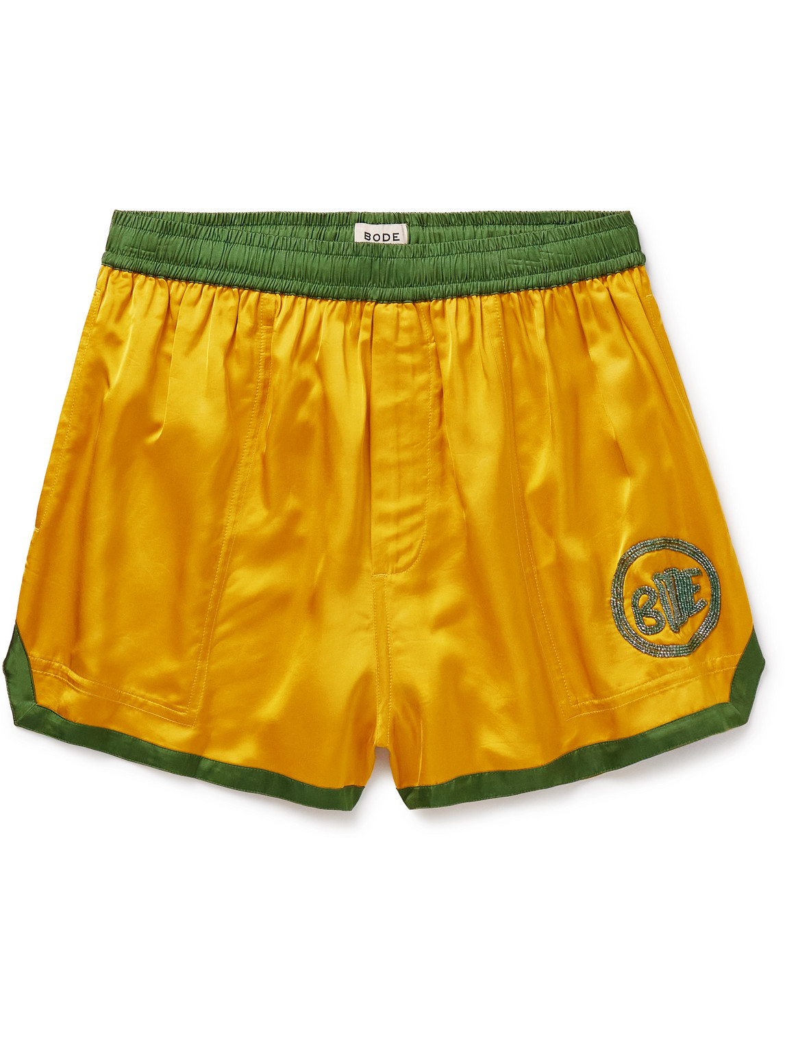 Bode Straight-leg Bead-embellished Satin Shorts In Yellow