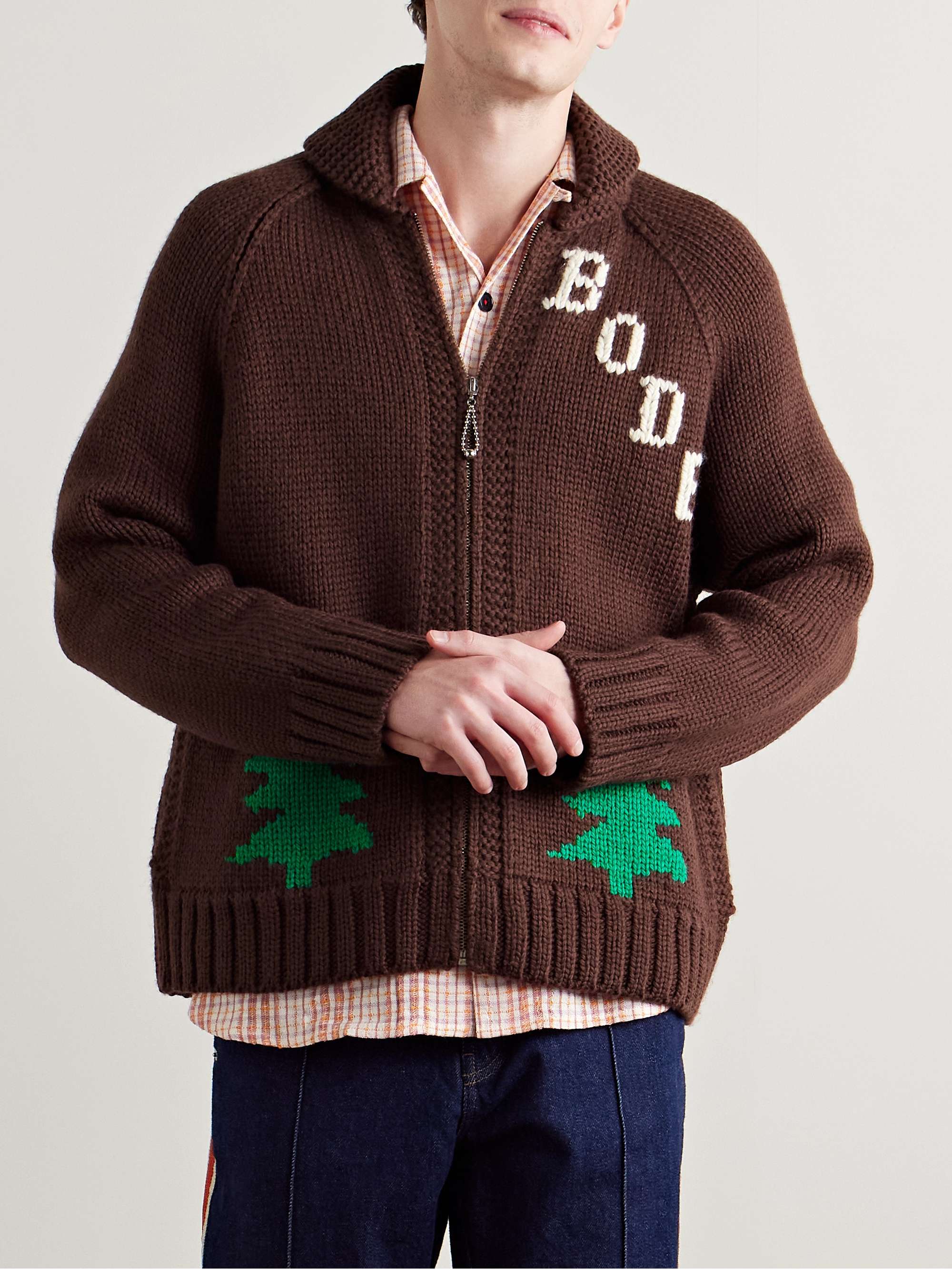 BODE Fir Shawl-Collar Intarsia Wool Zip-Up Cardigan for Men BODE Fir Shawl-Collar Intarsia Wool Zip-Up Cardigan for Men