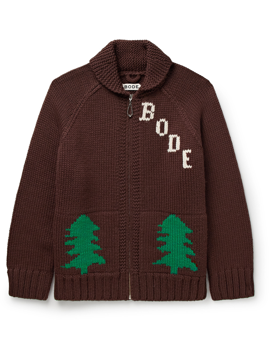 Fir Shawl-Collar Intarsia Wool Zip-Up Cardigan