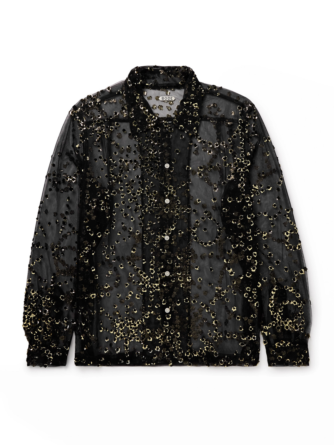 Bode Metallic Appliquéd Tulle Shirt In Black