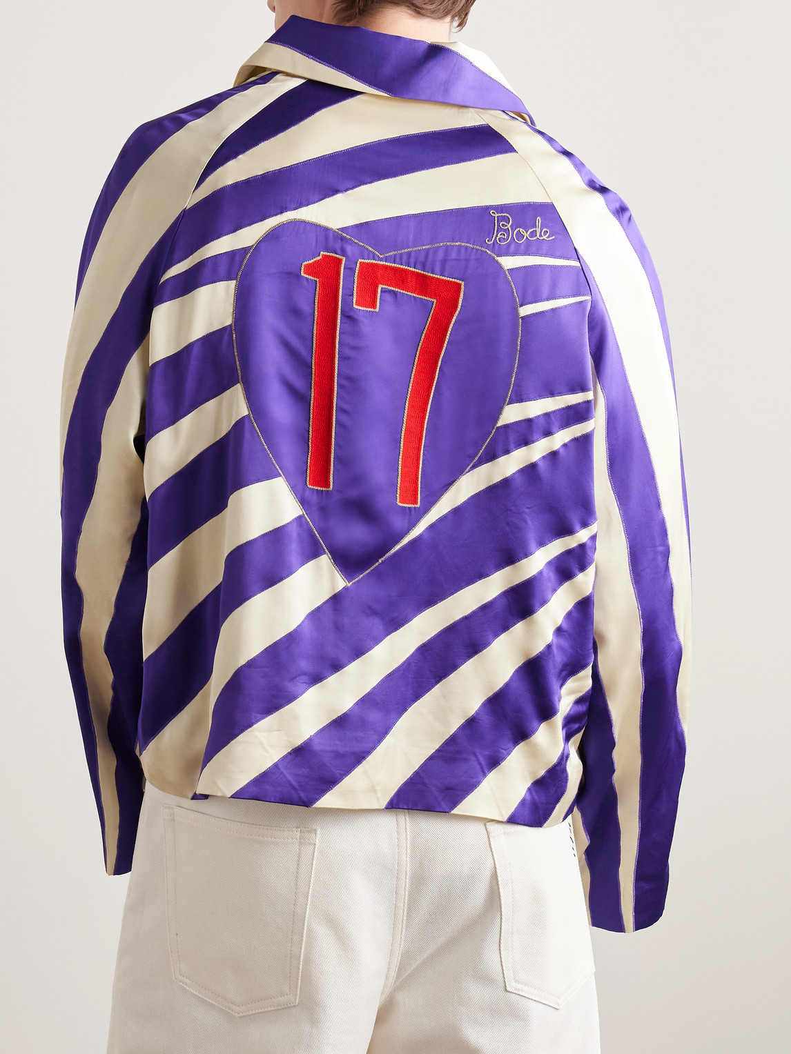 Bode Auto Embroidered Striped Satin Overshirt In Purple
