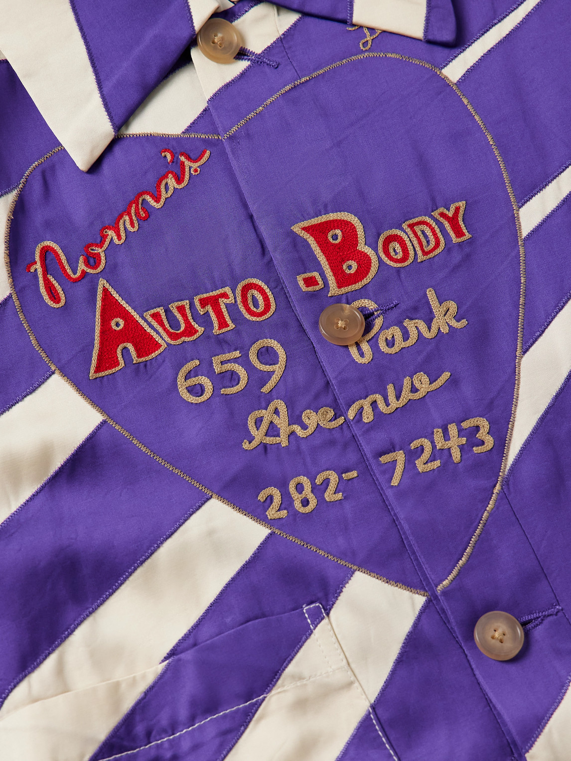 Bode Auto Embroidered Striped Satin Overshirt In Purple