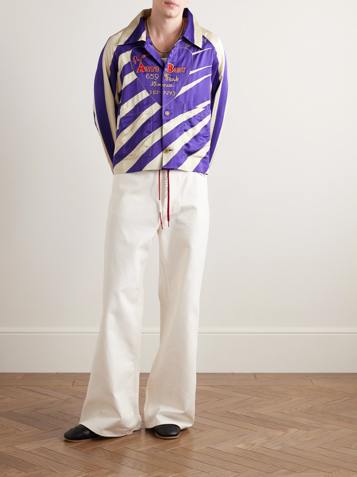Bode Auto Embroidered Striped Satin Overshirt In Purple