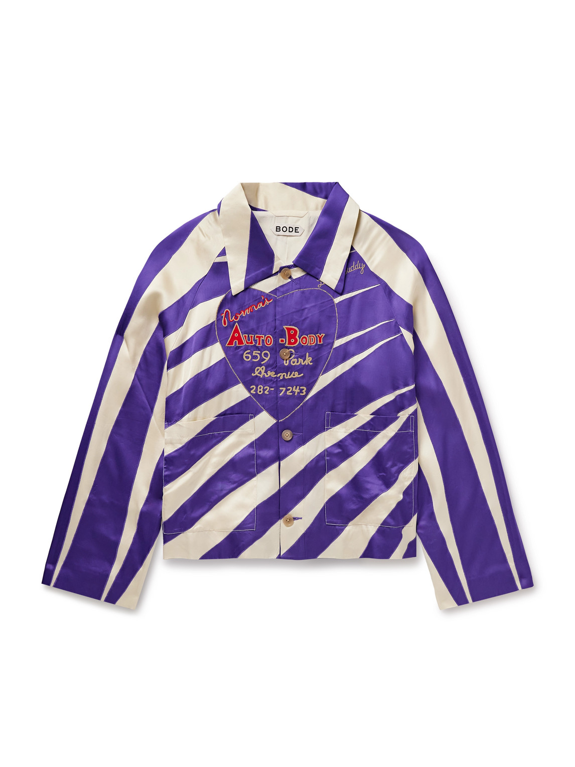 Bode Auto Embroidered Striped Satin Overshirt In Purple