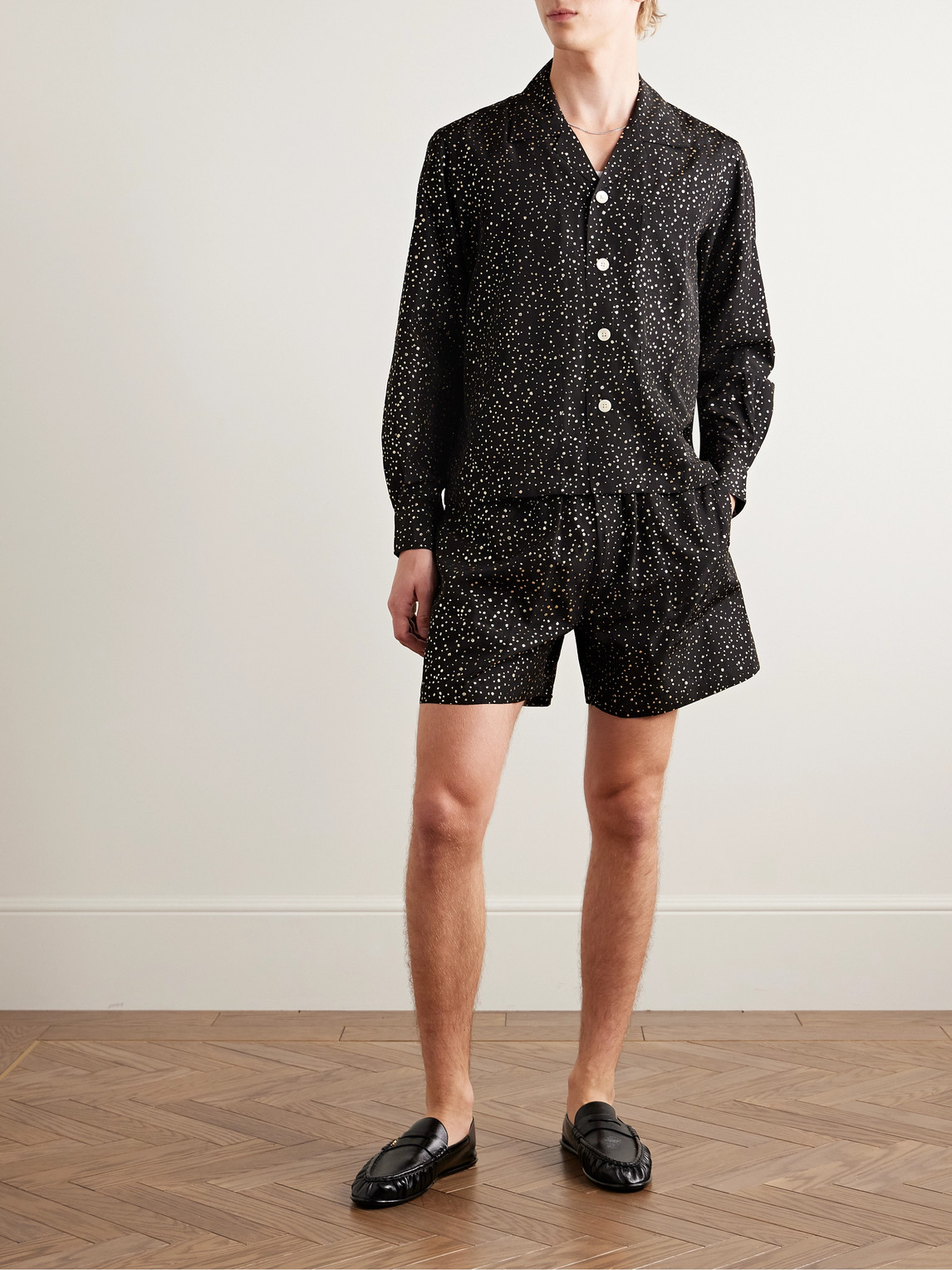 Bode Camp-collar Glittered Polka-dot Faille Shirt In Black