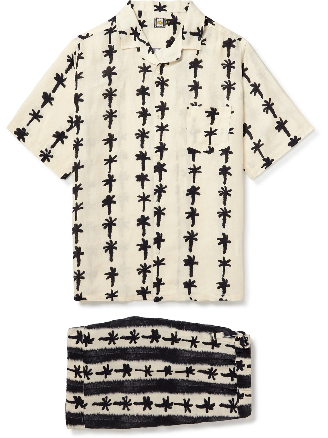 Desmond & Dempsey Camp-collar Printed Linen Pyjama Set In Neutrals