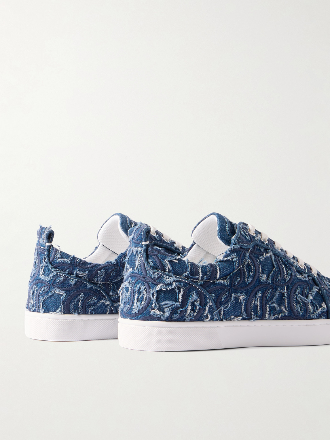 Christian Louboutin Louis Junior Grosgrain-trimmed Embroidered Distressed Denim Sneakers In Blue