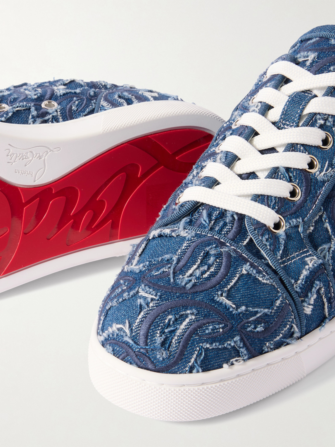 Christian Louboutin Louis Junior Grosgrain-trimmed Embroidered Distressed Denim Sneakers In Blue