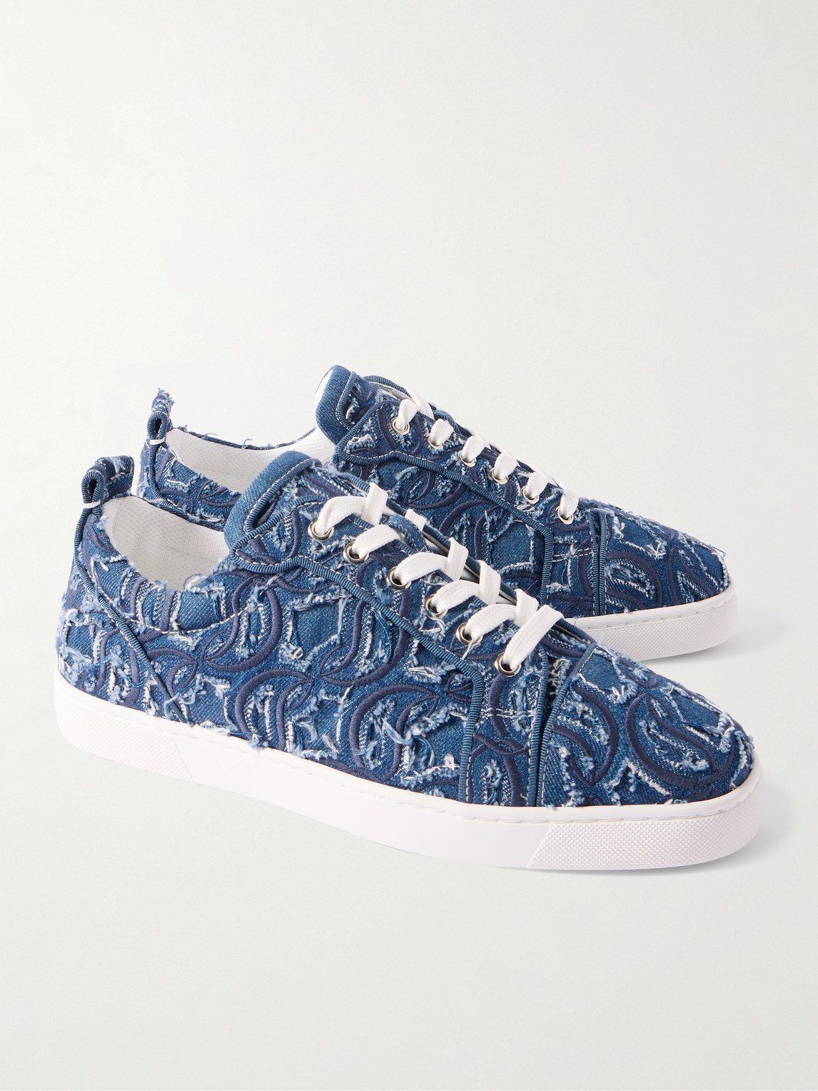 Christian Louboutin Louis Junior Grosgrain-trimmed Embroidered Distressed Denim Sneakers In Blue