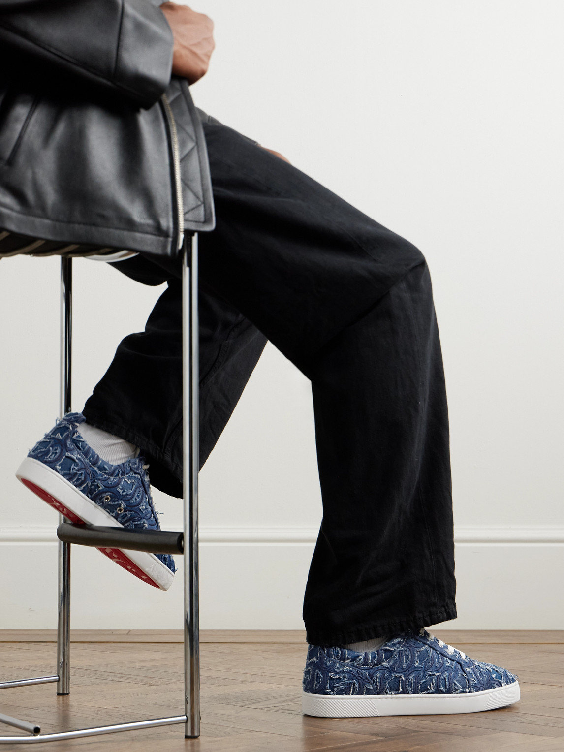 Christian Louboutin Louis Junior Grosgrain-trimmed Embroidered Distressed Denim Sneakers In Blue