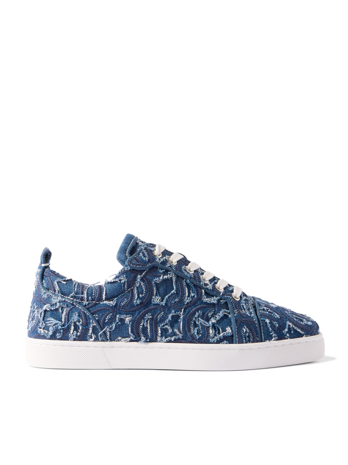 Christian Louboutin Louis Junior Grosgrain-trimmed Embroidered Distressed Denim Sneakers In Blue