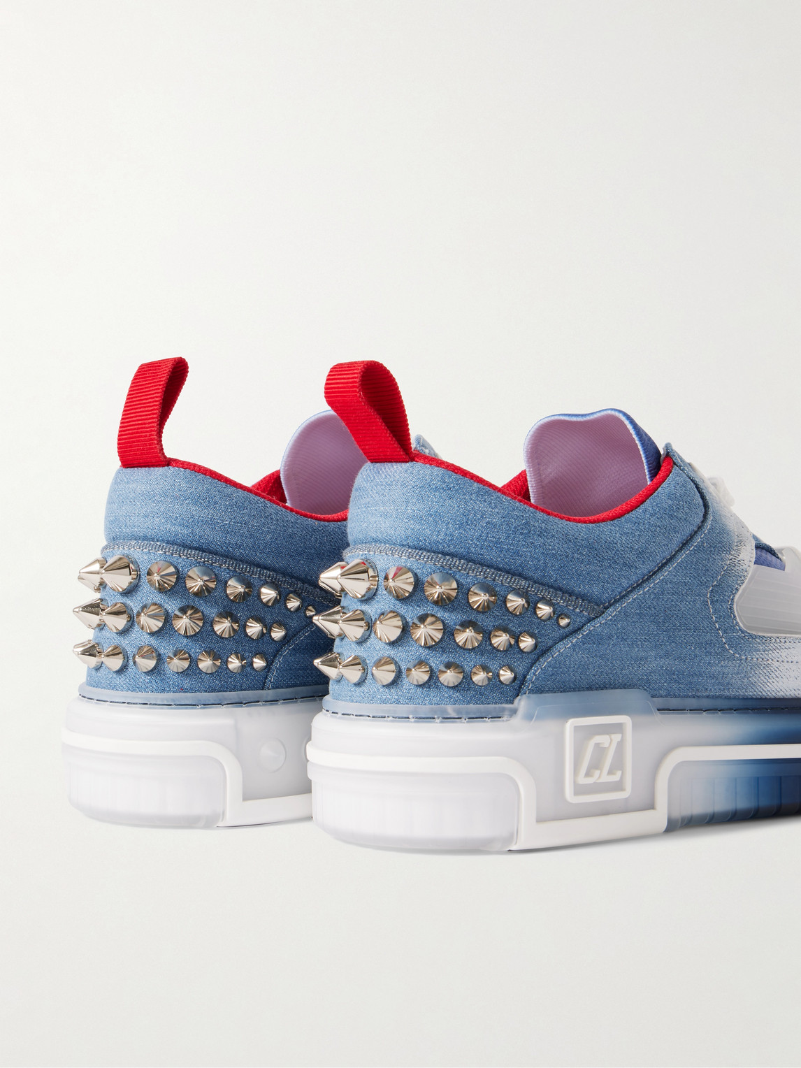 Shop Christian Louboutin Astroloubi Spiked Dégradé Denim And Mesh Sneakers In Blue