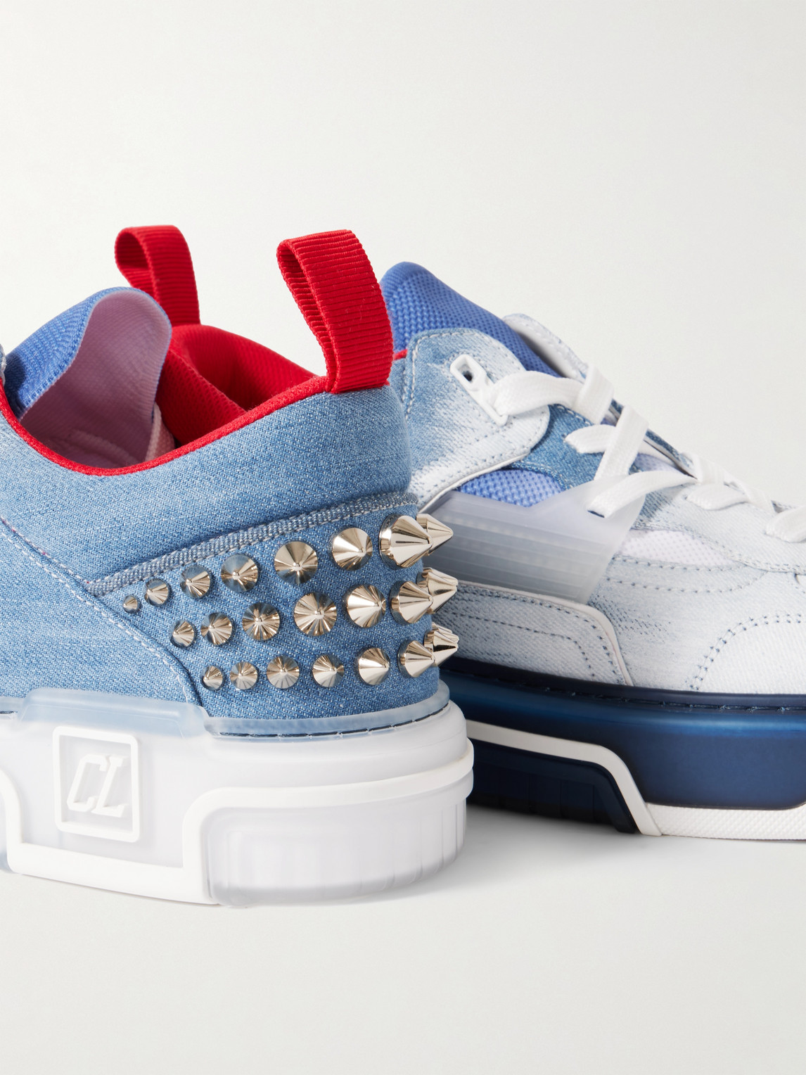 Shop Christian Louboutin Astroloubi Spiked Dégradé Denim And Mesh Sneakers In Blue