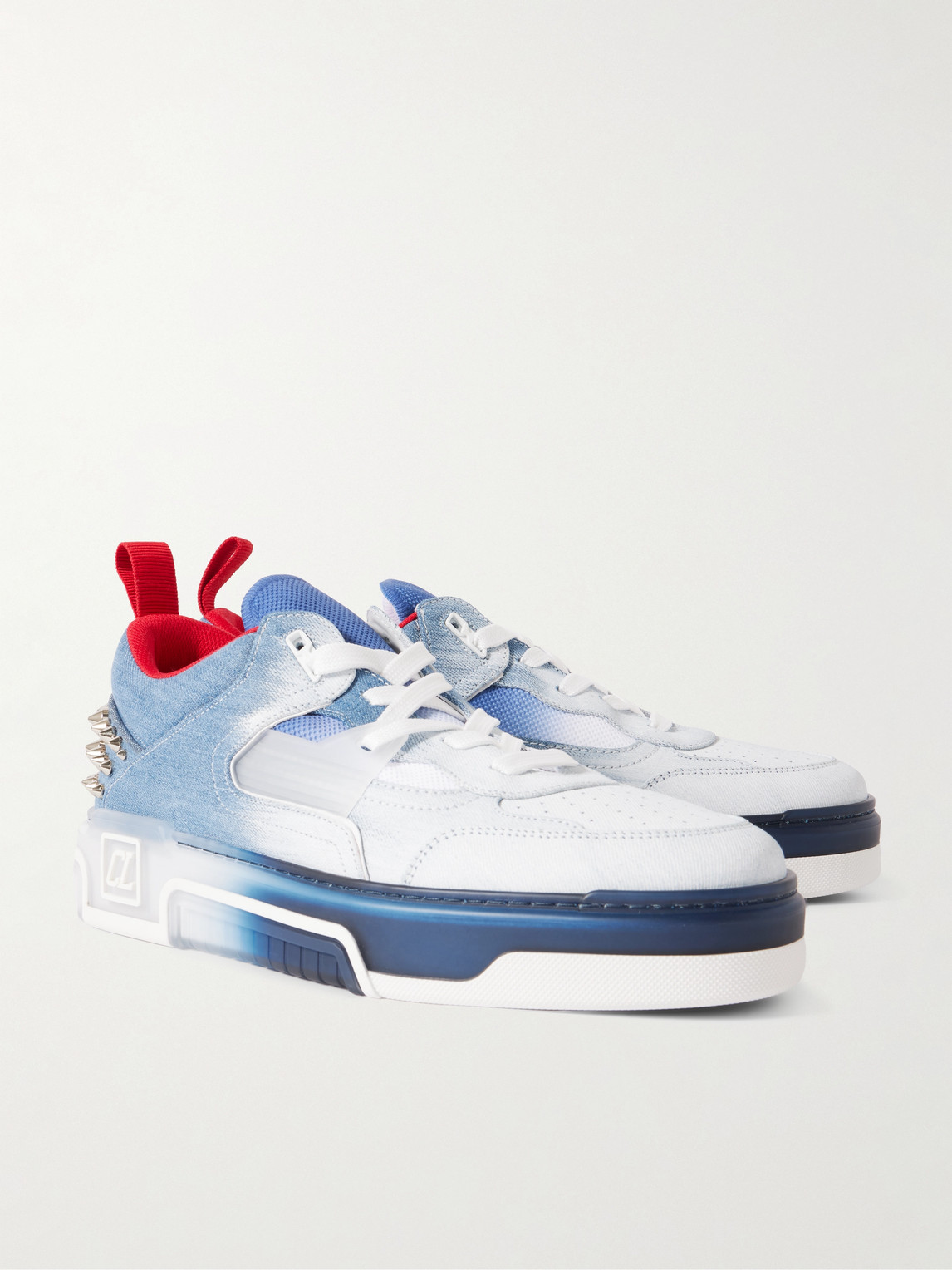 CHRISTIAN LOUBOUTIN ASTROLOUBI SPIKED DÉGRADÉ DENIM AND MESH SNEAKERS