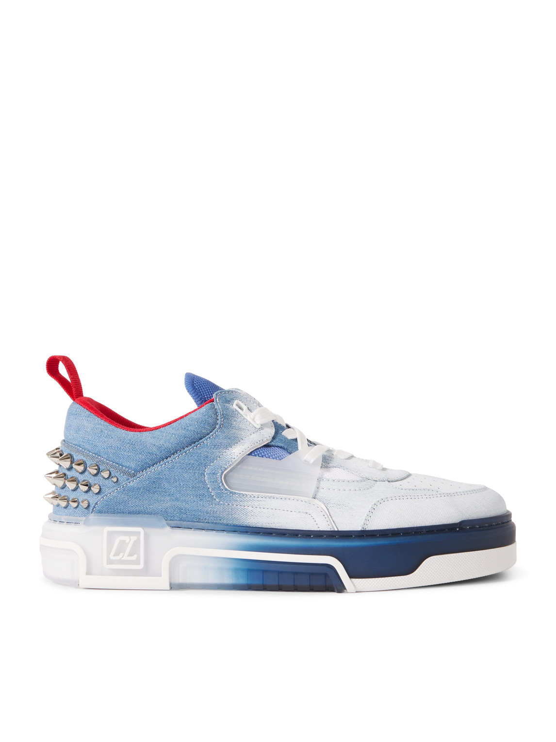 CHRISTIAN LOUBOUTIN ASTROLOUBI SPIKED DÉGRADÉ DENIM AND MESH SNEAKERS