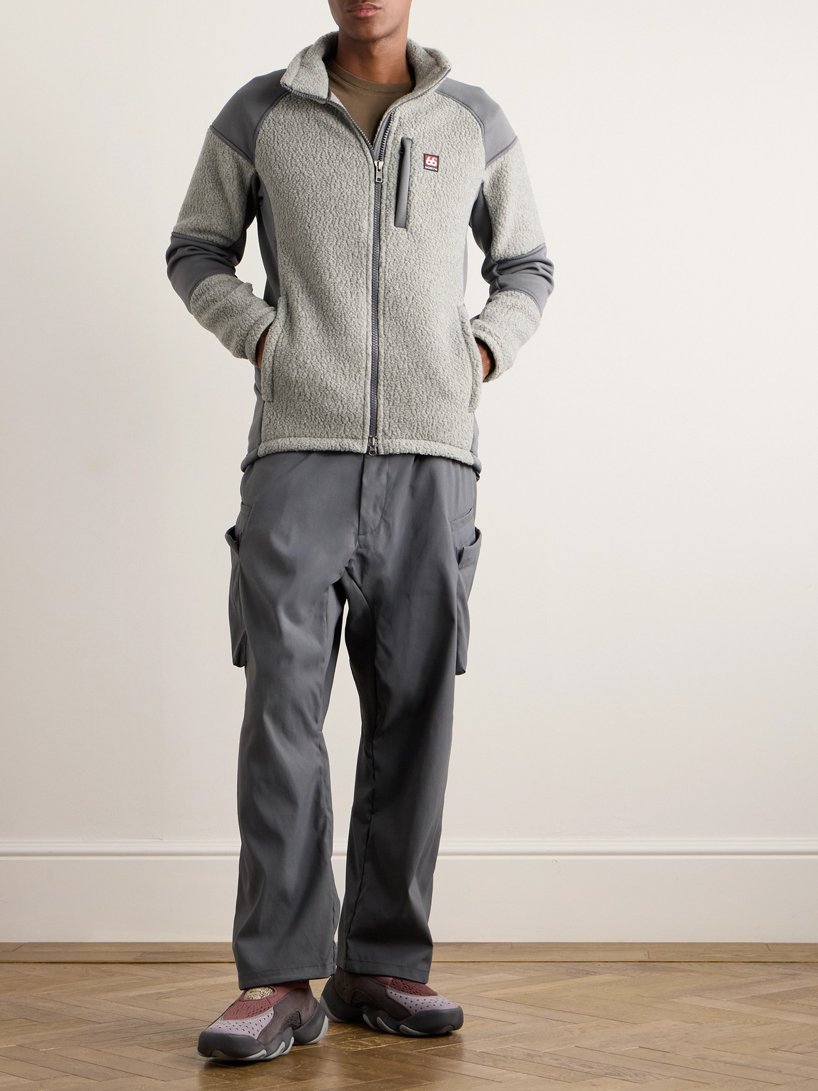 Shop 66 North Tindur Logo-appliquéd Jersey-panelled Fleece Jacket In Gray