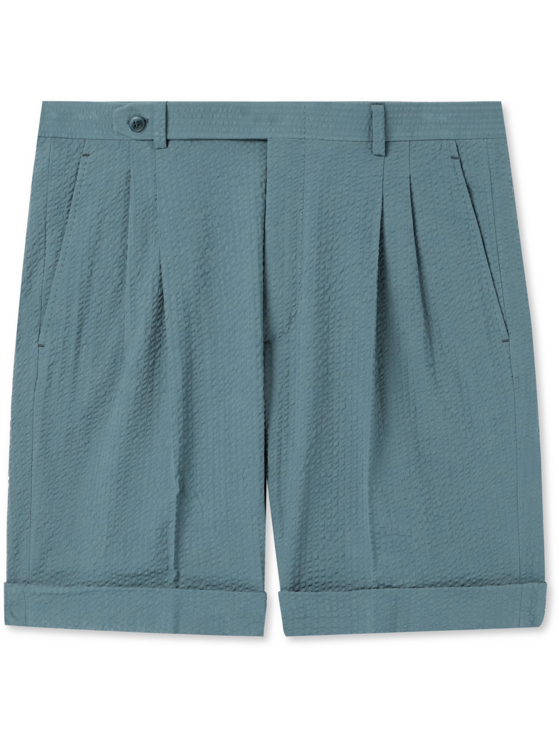 Brioni Straight-leg Pleated Cotton-seersucker Shorts In Blue