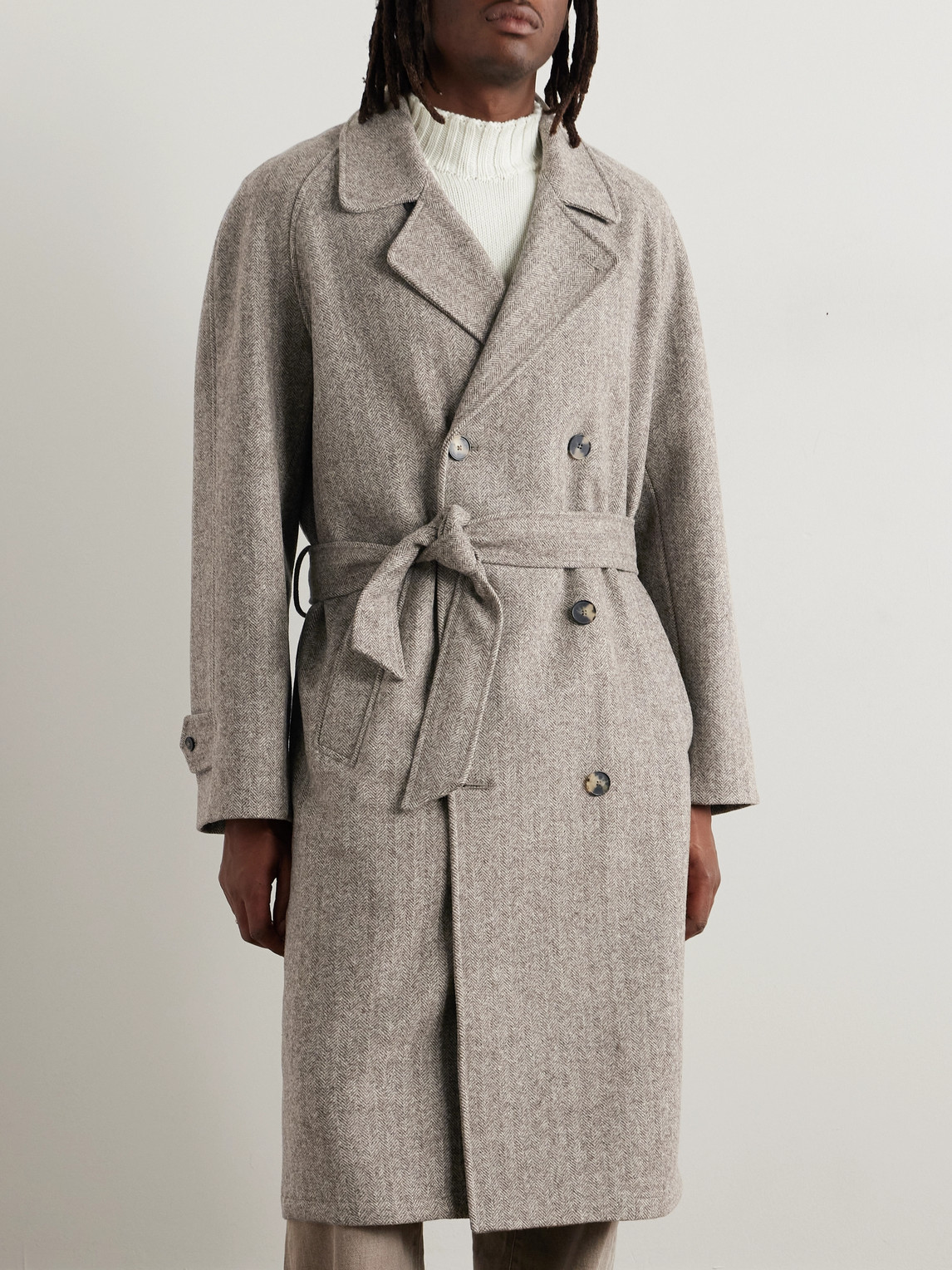 De Bonne Facture Grandad Double-breasted Herringbone Wool Coat In Neutrals