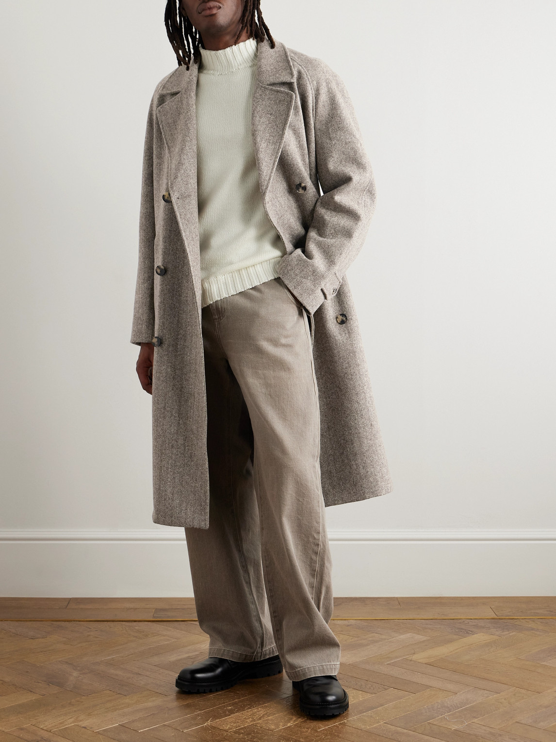 De Bonne Facture Grandad Double-breasted Herringbone Wool Coat In Neutrals