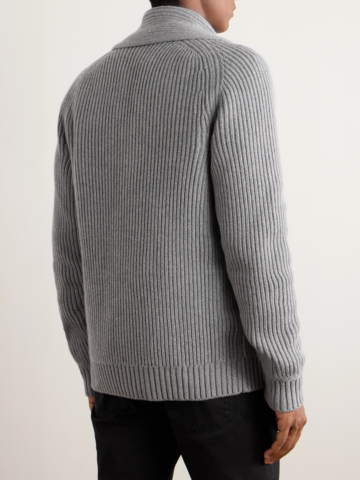 Dunhill Shawl-collar Ribbed Cotton And Cashmere-blend Cardigan In Gray