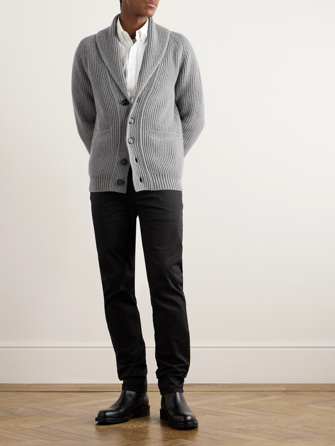 Dunhill Shawl-collar Ribbed Cotton And Cashmere-blend Cardigan In Gray