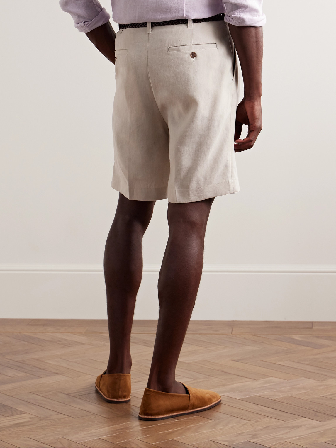 DUNHILL STRAIGHT-LEG PLEATED LINEN BERMUDA SHORTS