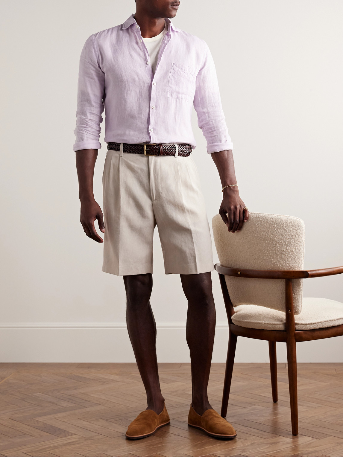 DUNHILL STRAIGHT-LEG PLEATED LINEN BERMUDA SHORTS
