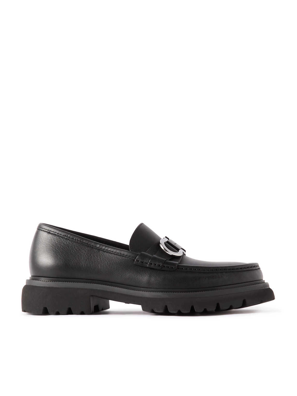 Ferragamo Leather Loafer With Gancini Metal Detail In Black