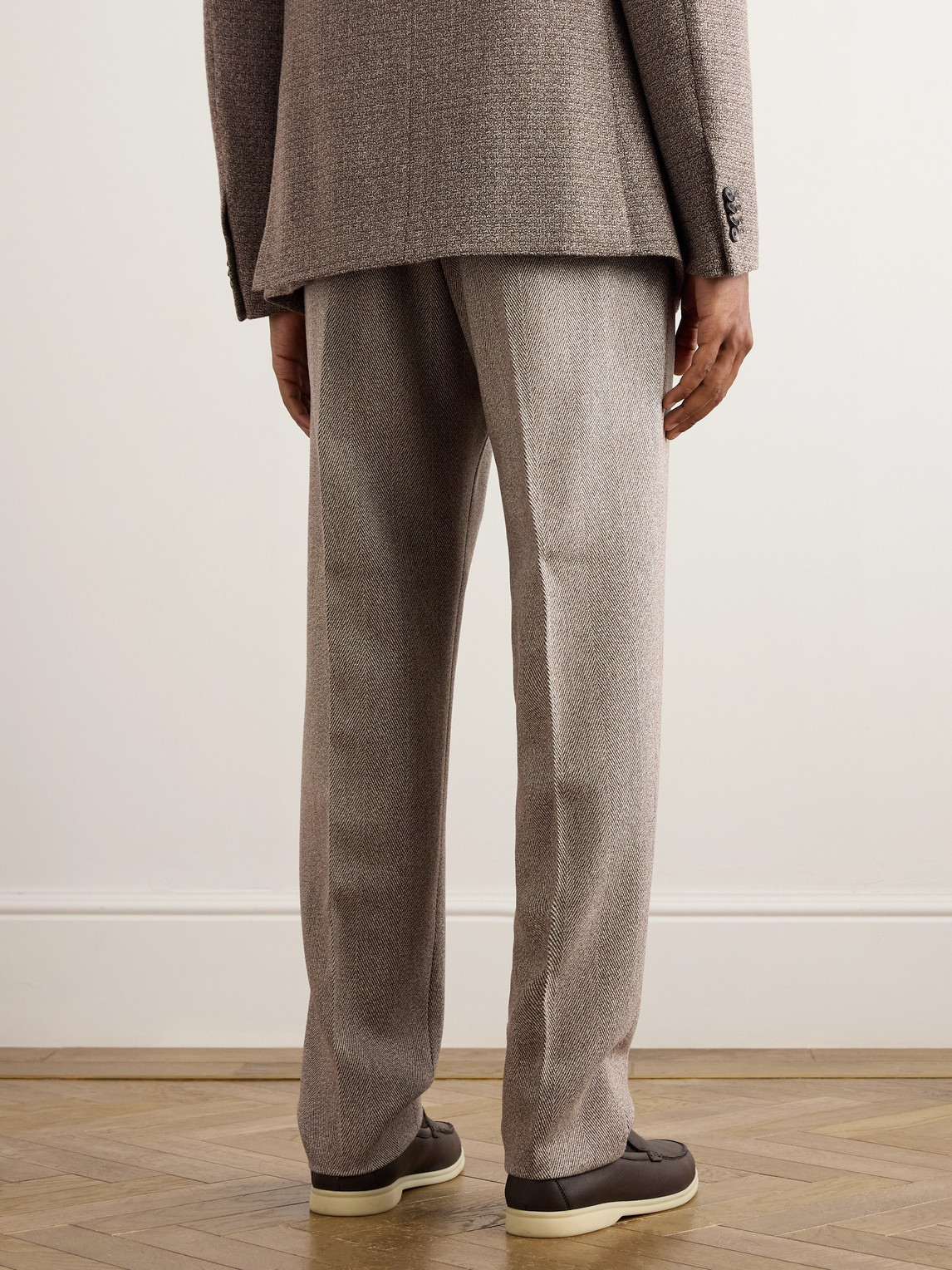 Loro Piana Anden Straight-leg Pleated Chevron Wool Trousers In Neutrals