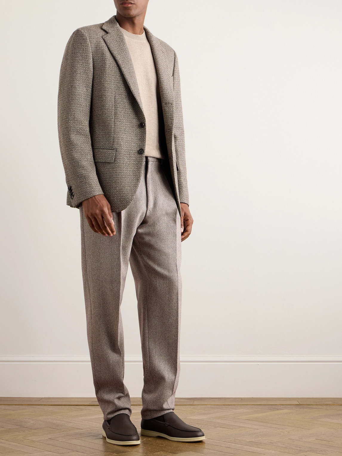 Loro Piana Anden Straight-leg Pleated Chevron Wool Trousers In Neutrals