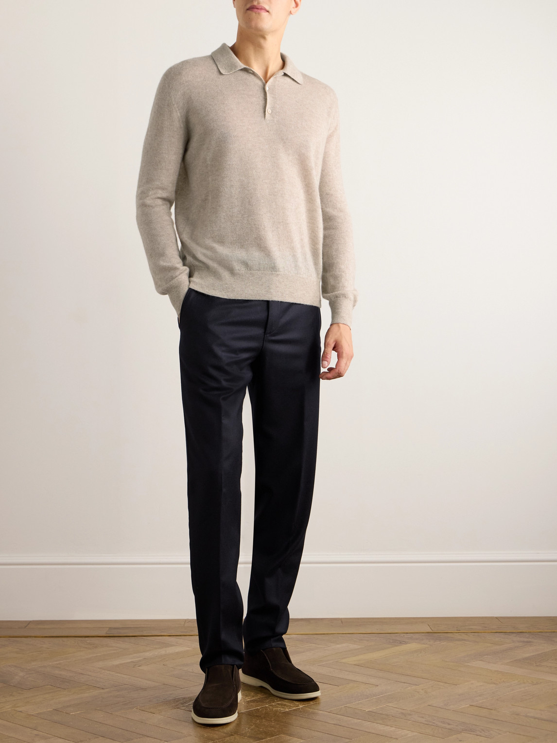 Loro Piana Camino Brushed Cashmere And Silk-blend Polo Shirt In Neutrals