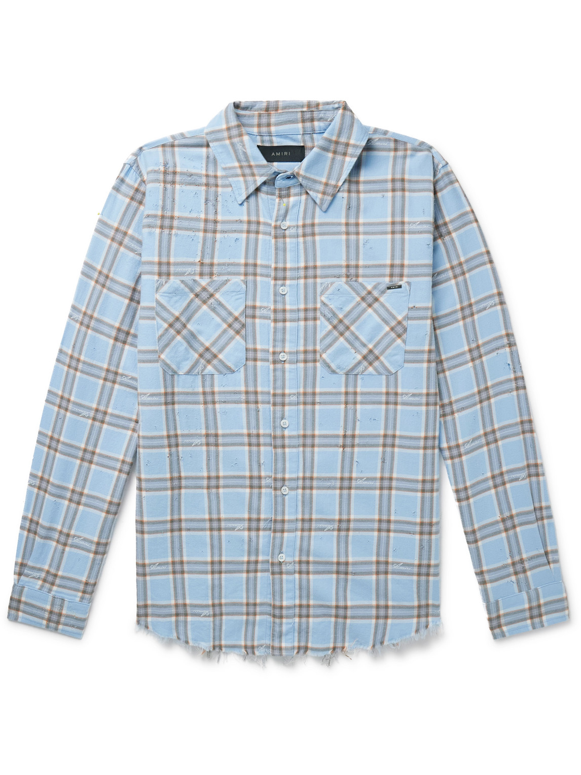 Amiri Mens Sea Blue Shotgun Distressed Regular-fit Cotton Flannel Shirt In Blue
