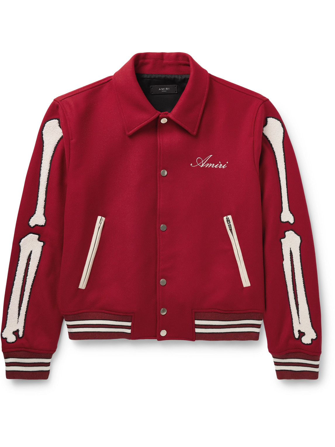 AMIRI BONES LEATHER-TRIMMED APPLIQUÉD MELTON WOOL-BLEND TWILL VARSITY JACKET