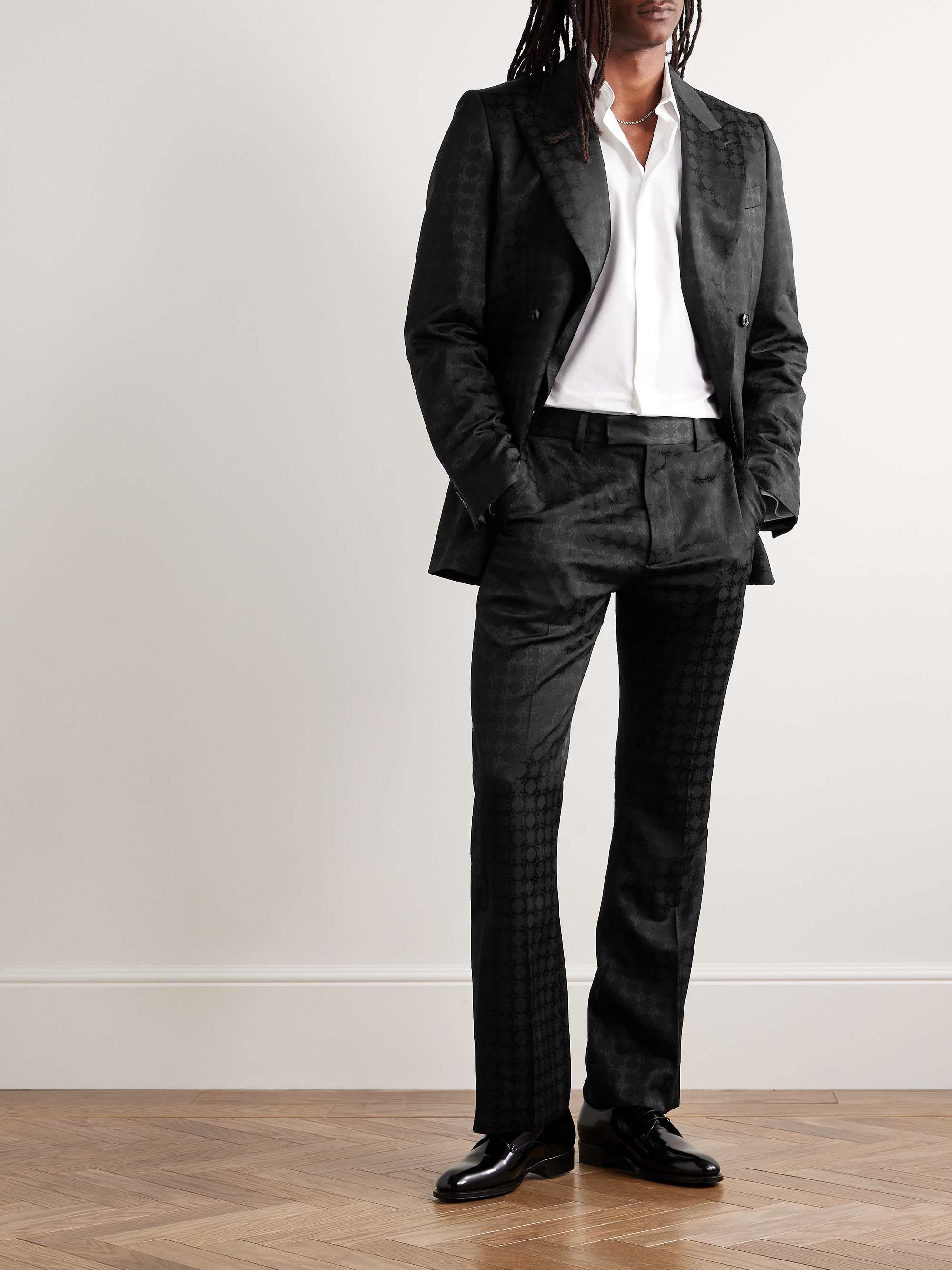 AMIRI Quad Kick Slim-Fit Flared Satin-Jacquard Suit Trousers AMIRI Quad Kick Slim-Fit Flared Satin-Jacquard Suit Trousers